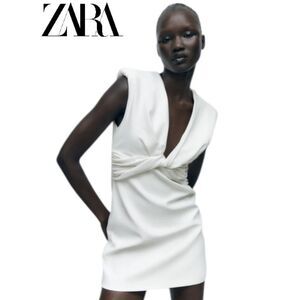Zara Women XL Mini Ecru White Knot Draped Padded Shoulder V Neck Party Bridal